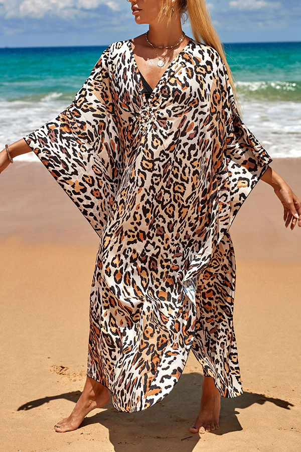 Simple Unique Printed Pleated Front Slit Cover Up-consonak