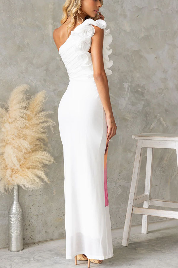 Floral Print One-shoulder Fitted Mesh Maxi Dress-consonak