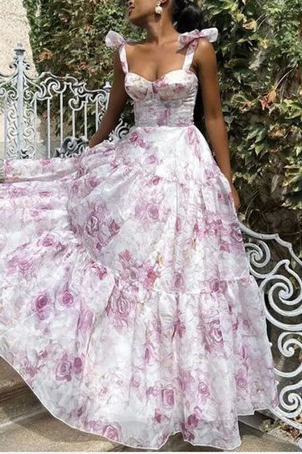 Fairytale Itself Organza Floral Print Tie Strap Maxi Dress-consonak