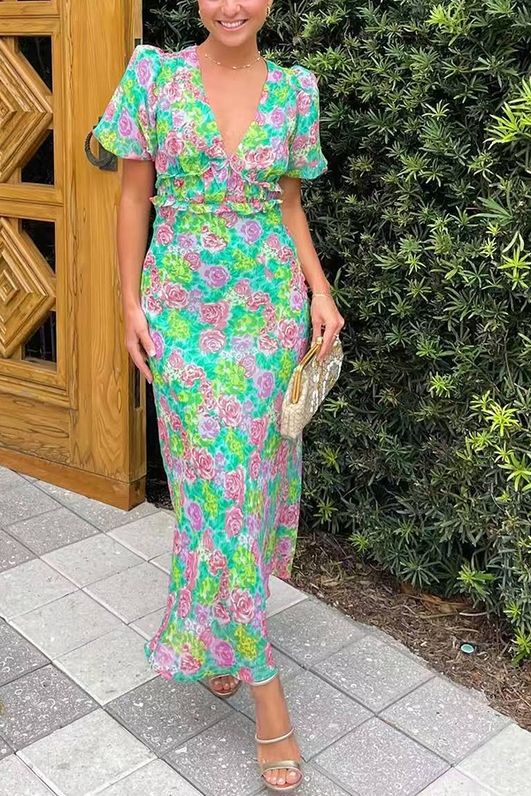Floral Print V-neck Puff Sleeve Open-back Maxi Dress-consonak