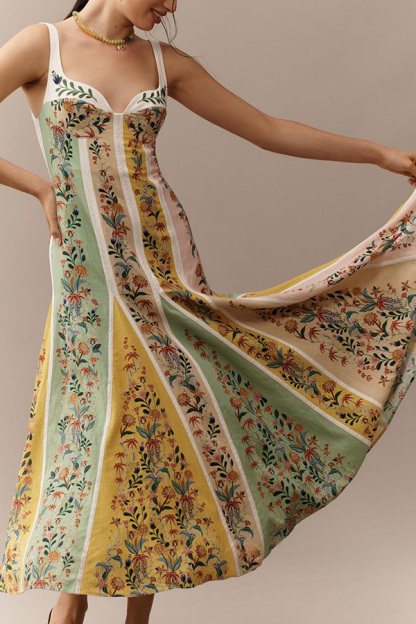 Sweet Garden Linen Blend Color Block Floral Paneled Maxi Dress-consonak