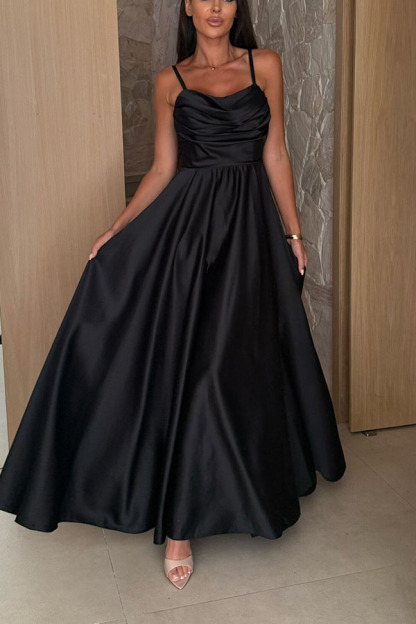 Solid Color Suspender Back Pleated Elegant Slit Full Hem Maxi Dress-consonak