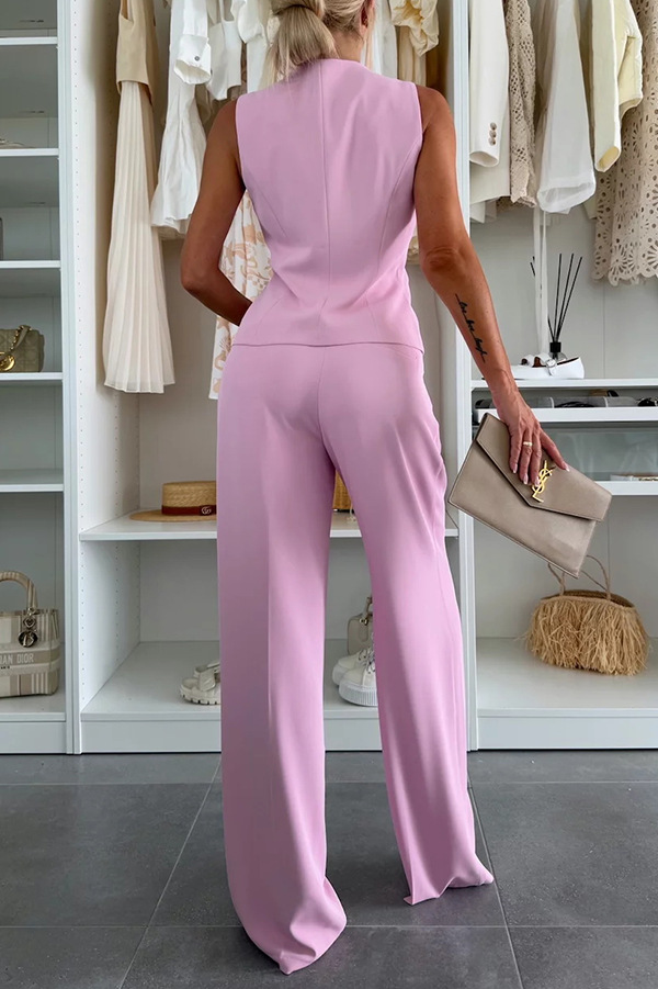 Workplace Chic Sleeveless Button Vest and Relaxed Pocket Wide Leg Pants Set-consonak