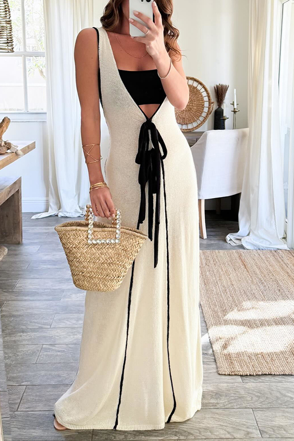 Boat Date Knit Contrast Self Tie Flowy Oversized Maxi Dress-consonak