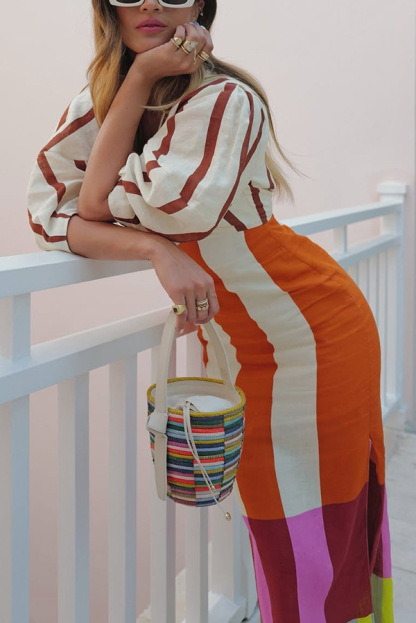 Kaya Linen Blend Color Block Print Front Cutout Knot Puff Sleeve Maxi Dress-consonak