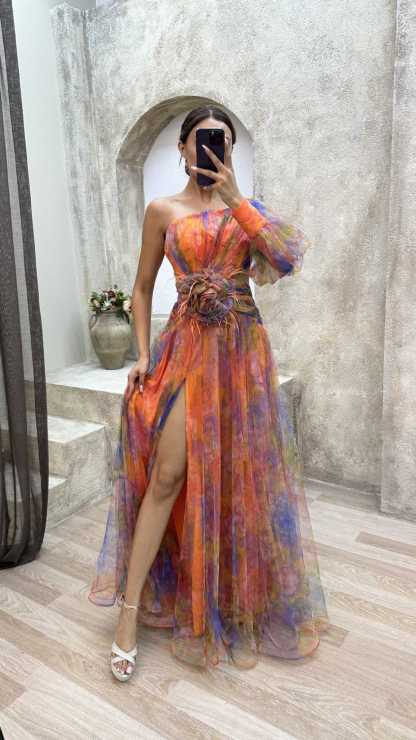 Elegant and beautiful chiffon floral pleated single shoulder sleeve slit long skirt for family-consonak