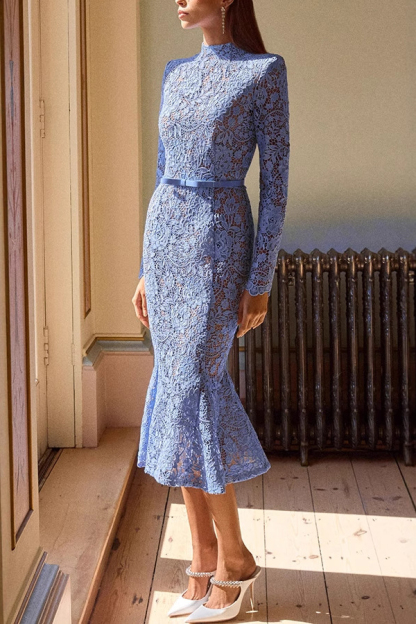 Feminine and Elegant Flower Lace Long Sleeve Bow Belted Flare Midi Dress-consonak