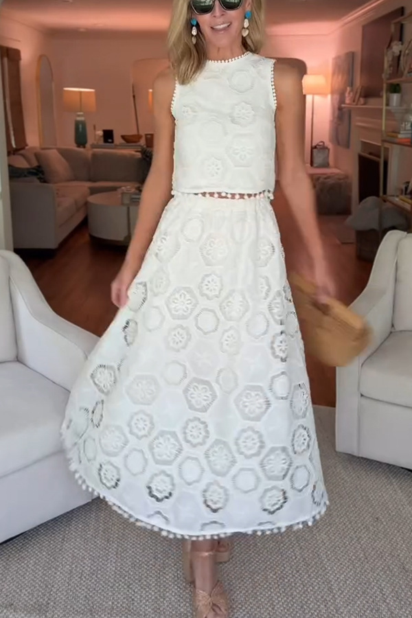 Nice Try Embroidered Crochet Lace Tassle Trim Elastic Waist Midi Skirt-consonak