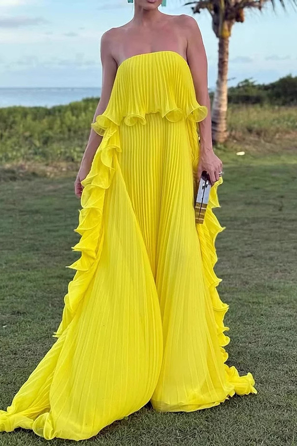 Reina Chiffon Pleated Wavy Ruffles Trim Strapless Loose Maxi Dress | Consonak