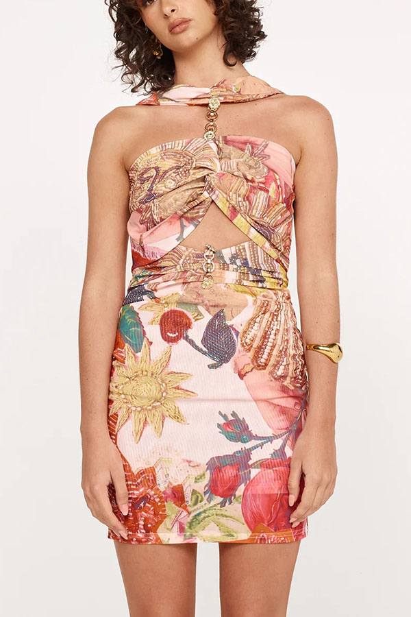 Geneva Mesh Rosette Hardware Cutout Ruched Stretch Mini Dress-consonak