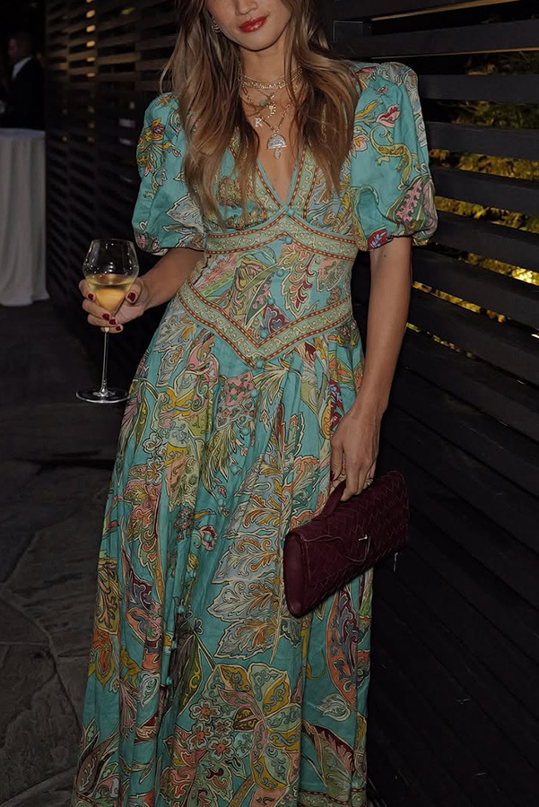 Chic Vacation Linen Blend Unique Print Button Puff Sleeve Pocket Maxi Dress-consonak