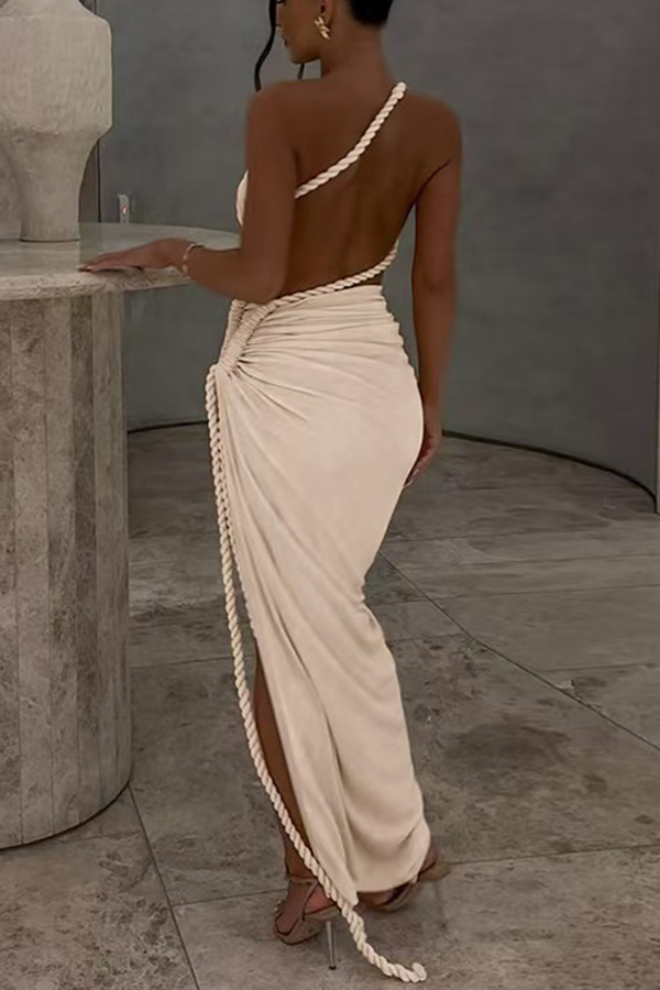 Juliana Rope Detail Ruched One Shoulder Cutout Stretch Maxi Dress-consonak