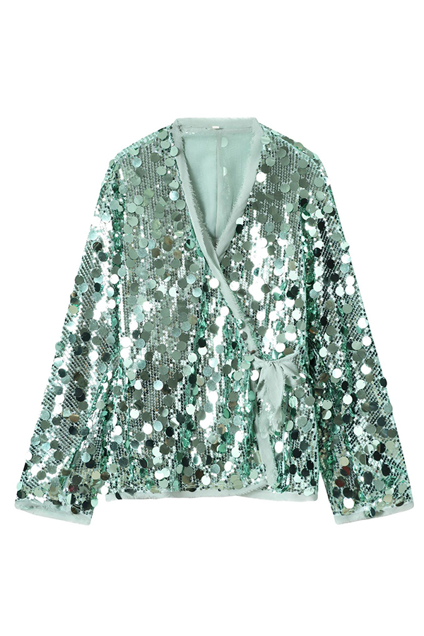 Fashion Sequined Long-sleeved V-neck Loose Lace-up Cardigan-consonak