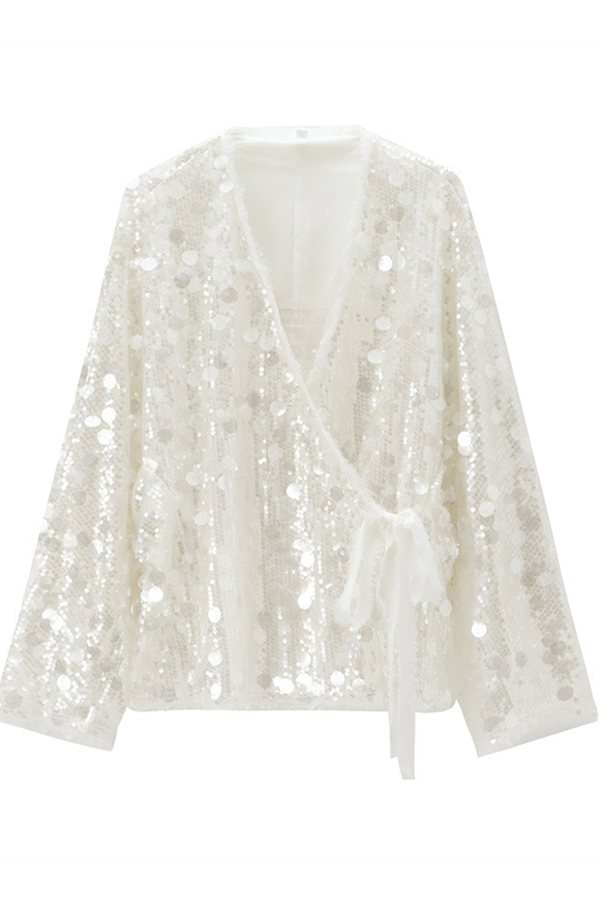 Fashion Sequined Casual Long-sleeved Tie Loose Coat-consonak