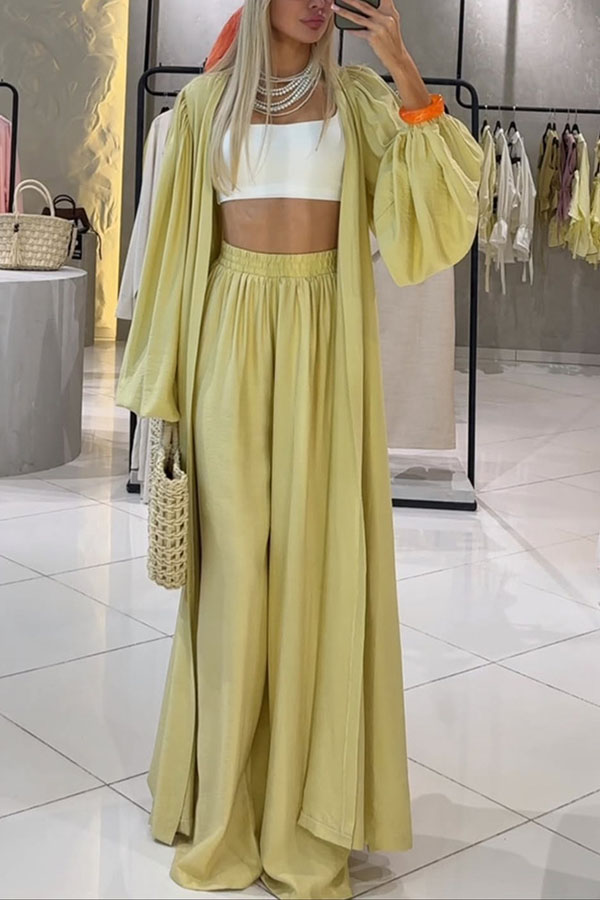 Beach Cottage Open Front Long Pleated Lantern Sleeve Long Cover-up Jacket-consonak