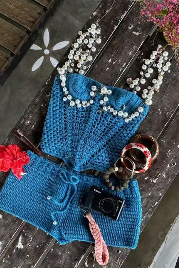 Mirina Hollow Crochet Knit Pearl Trim Heart Collar Crop Vacation Tank-consonak