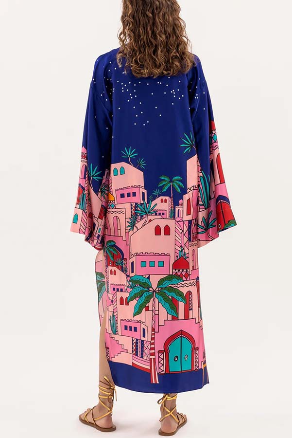 Seaside Stroll Satin Unique Print Button Up Long Sleeve Slit Kaftan Midi Dress | Consonak