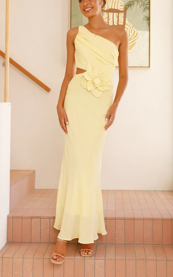 Bloom Summer 3d Flower Ruched One Shoulder Cutout Maxi Dress-consonak