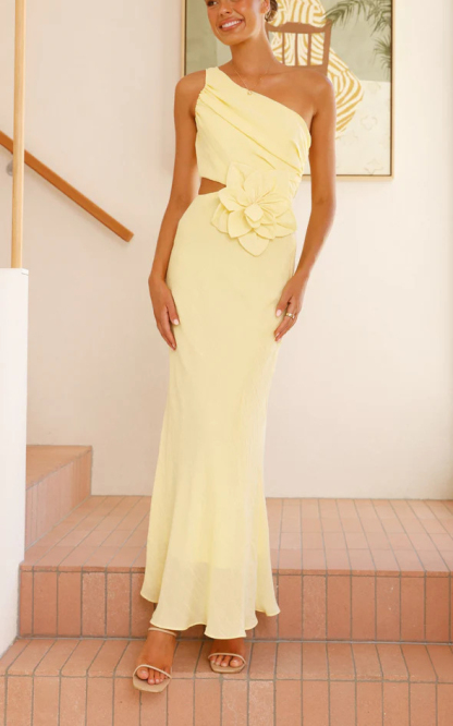 Bloom Summer 3d Flower Ruched One Shoulder Cutout Maxi Dress-consonak