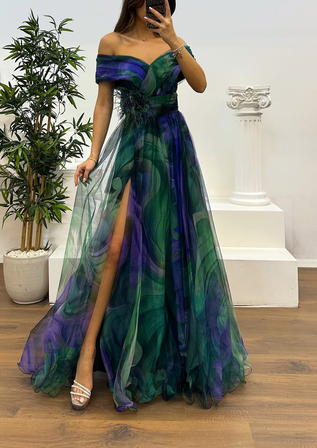 Fairy Flower Feather Pendant Elegant Fallen Fold Off Shoulder Party Split Design Long Dress-Consonak