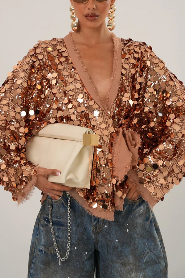 Fashion Sequined Long-sleeved V-neck Loose Lace-up Cardigan-consonak