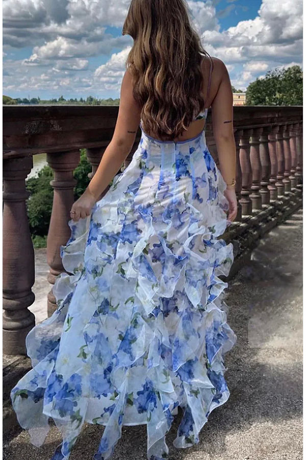 Millie | Floral Ruffle Long Skirt Women's Fashion Chiffon Printed Fairy Style Long Style Evening Dress Coupon-Consonak