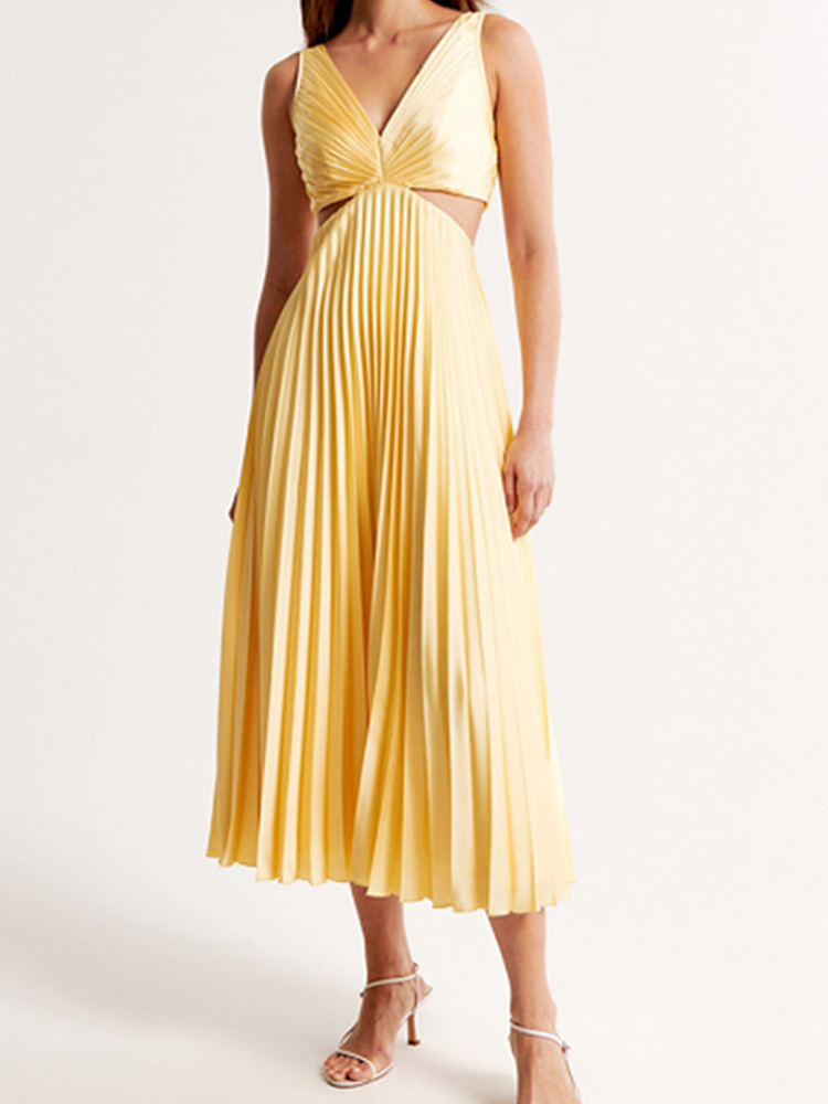 Summer Social Stain Pleated Cutout Waist Loose Midi Dress-consonak