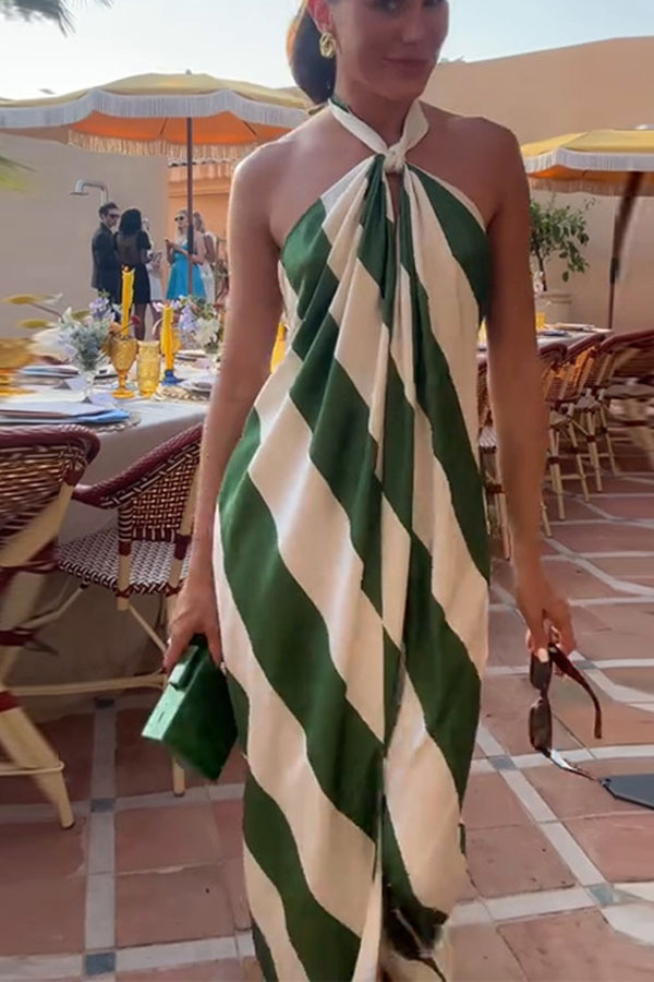 Most Dreamy Stripe Print Halter Tie-up Backless Pocket Loose Maxi Dress-consonak