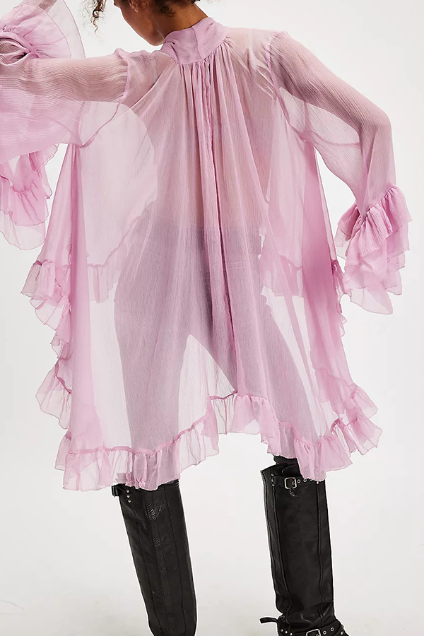 Flowy See-through Ruffle Tie-up Neck Bell Sleeve High-low Hem Cape Shirt-consonak
