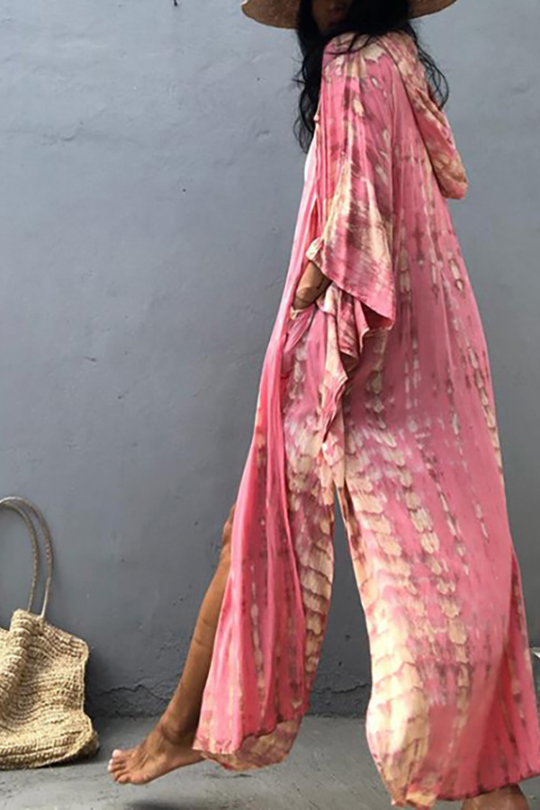 Boho Tie-dye Print Hooded Kimono Cover-up-consonak