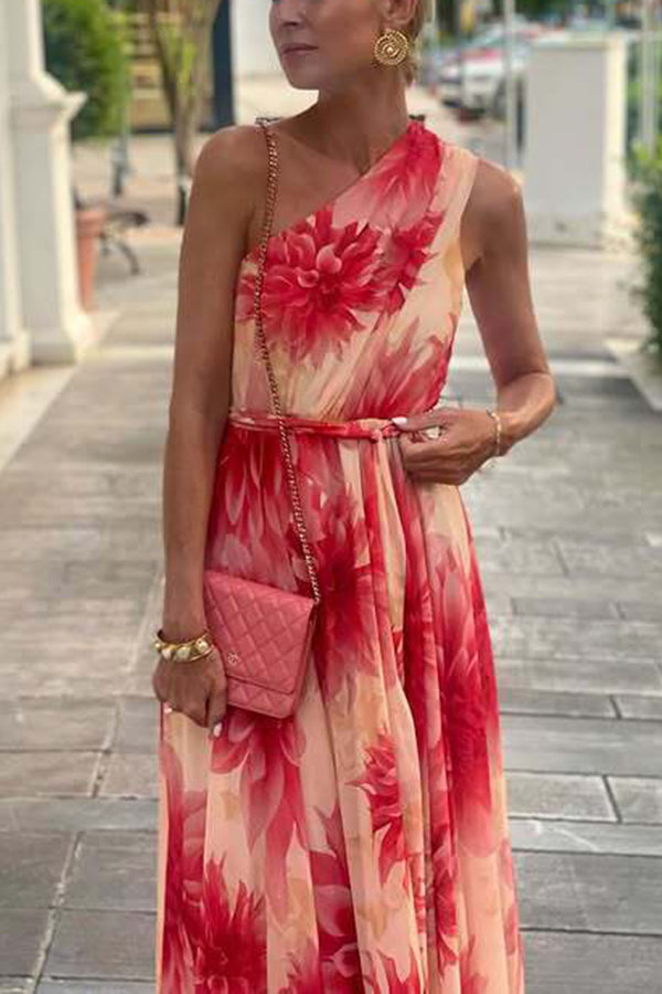 Floral Print One Shoulder Waist Tie Full Hem Resort Style Maxi Dress-consonak