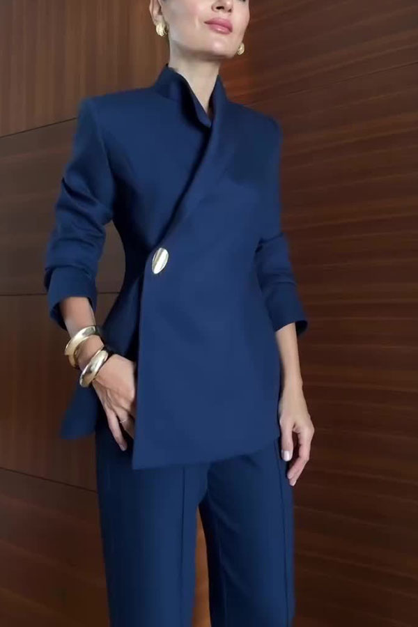 Elegant Women’s Navy Blue Pantsuit – Slim Fit Blazer with Asymmetric Button and Tailored Trousers for Business Office Wear-consonak