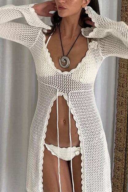 Elegant Knitted Cutout V Neck Lace Up Long Sleeves Cover Ups-consonak