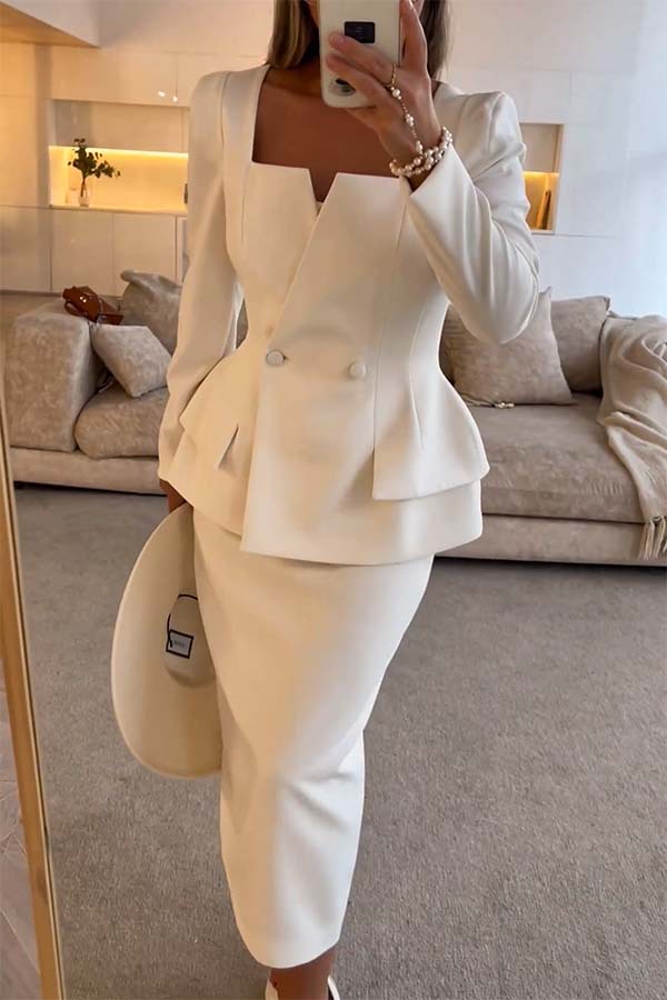Sculptural Elegance Square Neck Button Blazer and Elastic Waist Pencil Midi Skirt Set-consonak