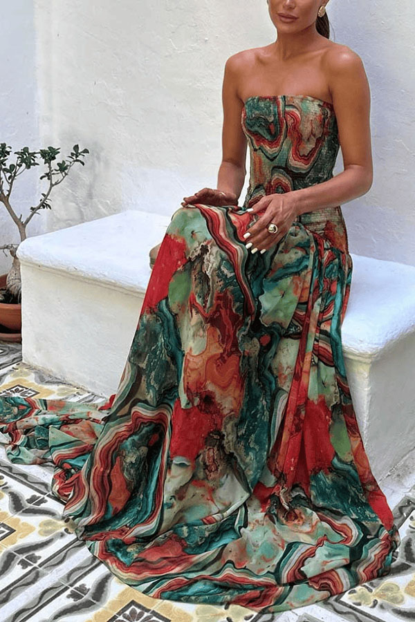 Vacay Vibes Colorful Lava Print Off Shoulder Smocked Scarf Maxi Dress-consonak