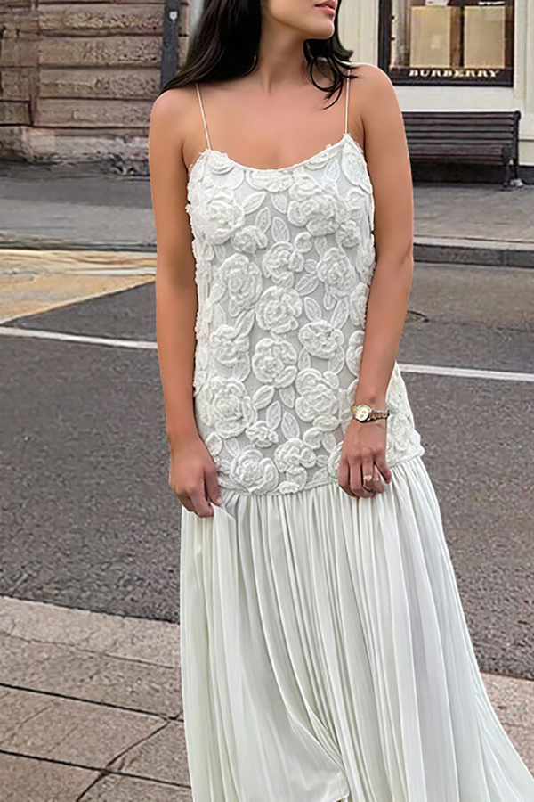 Indulge in Floral Applique Pleated Chiffon Hem Slip Maxi Dress-consonak