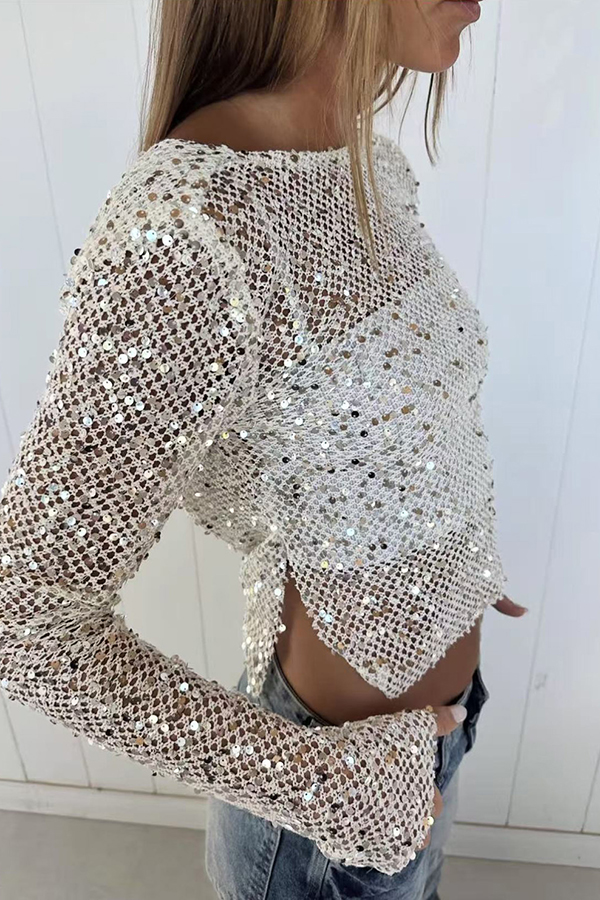 Fashionable Sequined Fishnet Casual Long-sleeved Top