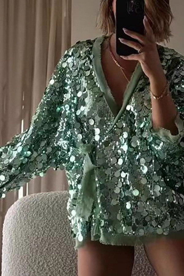 Fashion Sequined Long-sleeved V-neck Loose Lace-up Cardigan-consonak