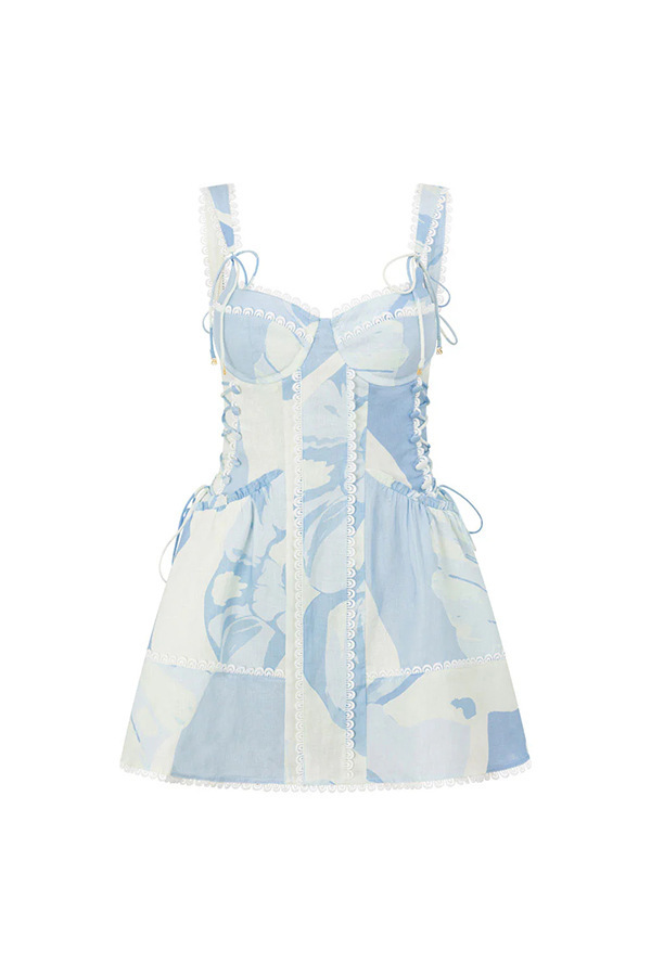 Avere Linen Blend Unique Print Scallop Trim Side Lace-up Mini Dress-consonak