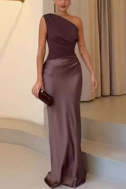 Kaia Satin Contrast Fabric Patchwork One Shoulder Ruched Maxi Dress-consonak