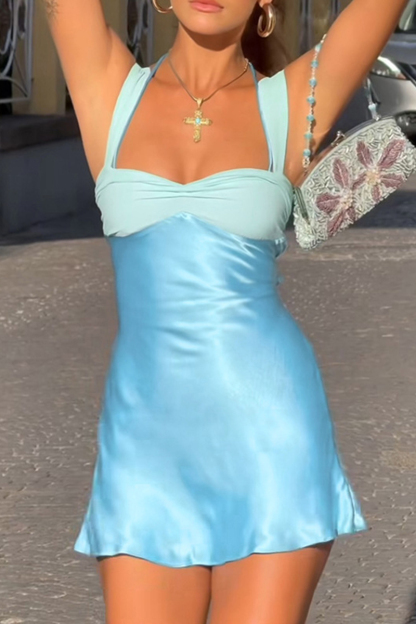 Splicing sleeveless sexy mini women's long robe satin strapless backless lace up high waisted A-line party dress-consonak