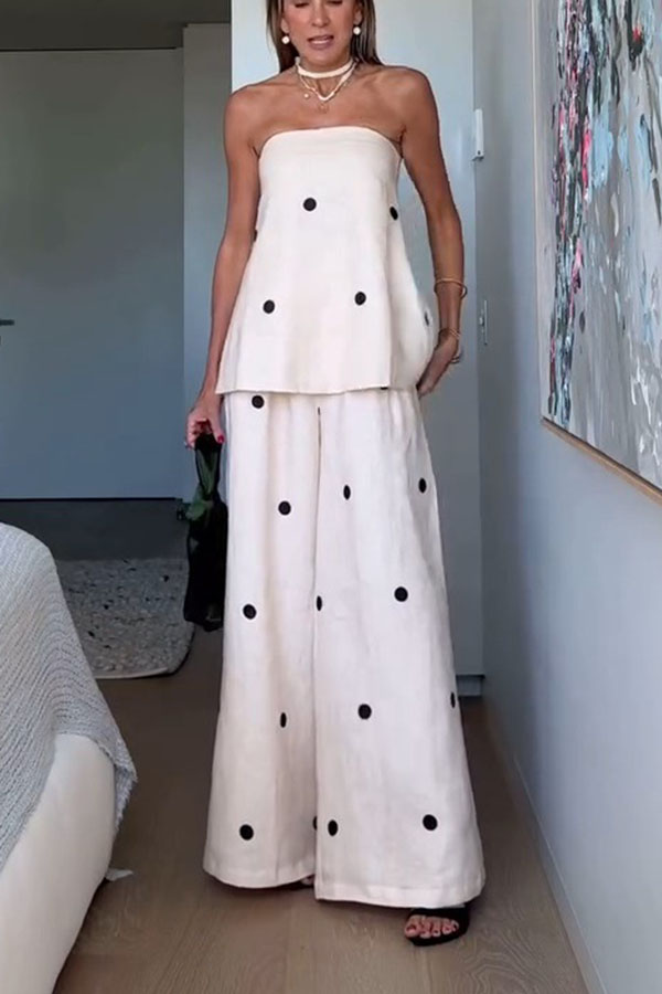 Linen Blend Polka Dot Bandeau Top and Elastic Waist Pocket Wide Leg Pants Set | Consonak