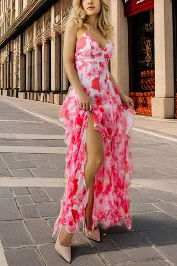 Millie | Floral Ruffle Long Skirt Women's Fashion Chiffon Printed Fairy Style Long Style Evening Dress Coupon-consonak