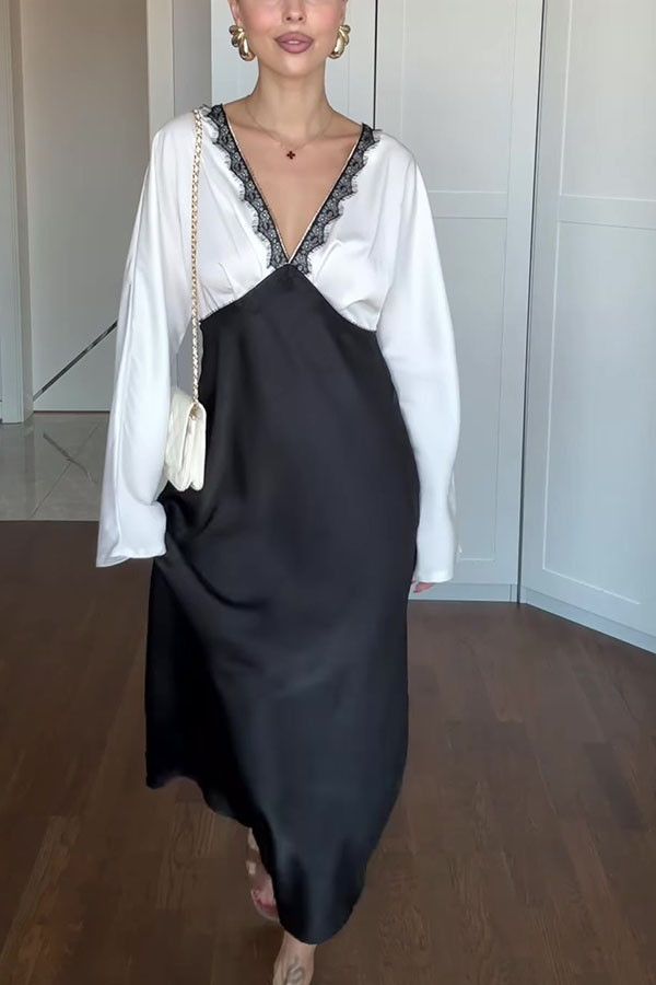Lainei Contrast Color Satin Lace Trim V-neck Long Sleeve Maxi Dress-consonak