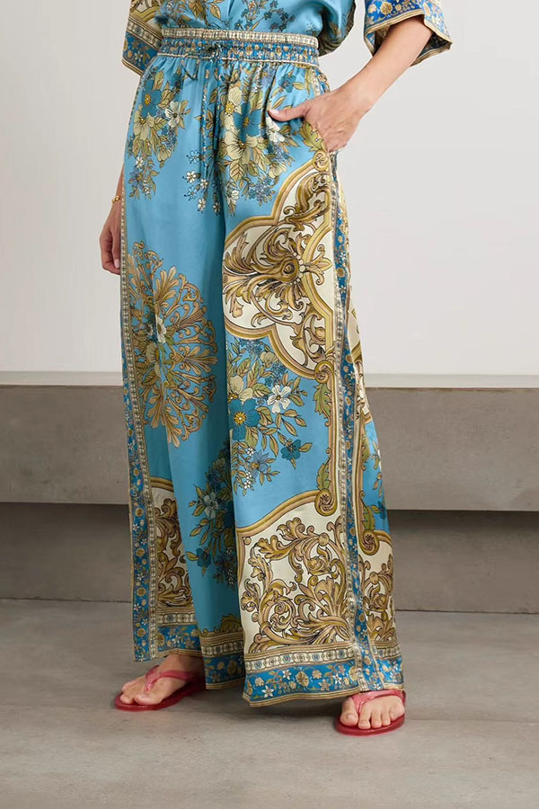 Satin Floral Print Loose Shirt and Elastic Waist Pocket Casual Wide-leg Pants-consonak