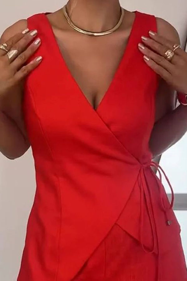 Solid Color Casual Sleeveless V-neck Top and Loose Shorts Set-consonak