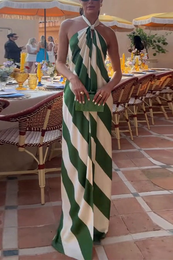 Most Dreamy Stripe Print Halter Tie-up Backless Pocket Loose Maxi Dress | Consonak