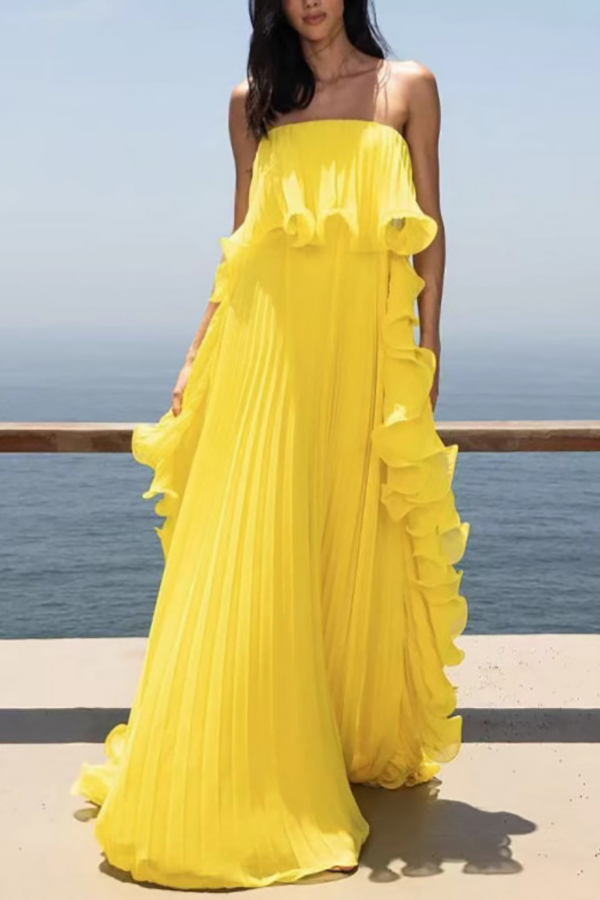 Reina Chiffon Pleated Wavy Ruffles Trim Strapless Loose Maxi Dress-consonak