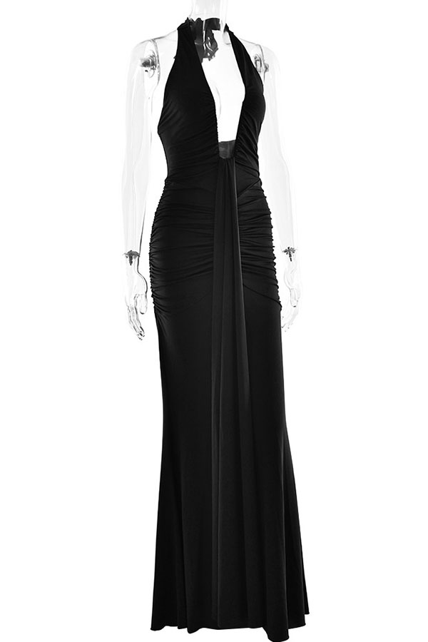 Solid Color Elegant Halterneck V-neck Open Back Tie Gathered Maxi Dress-consonak