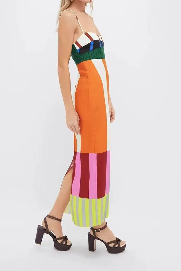 Beach Moment Linen Blend Unique Color Block Slip Maxi Dress-consonak